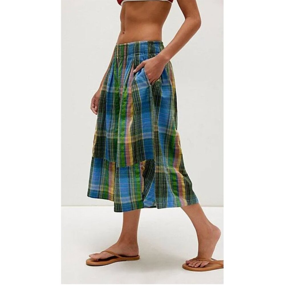 Free People Ivy Cropped Pull-On Culotte Pants Blue Combo Size M